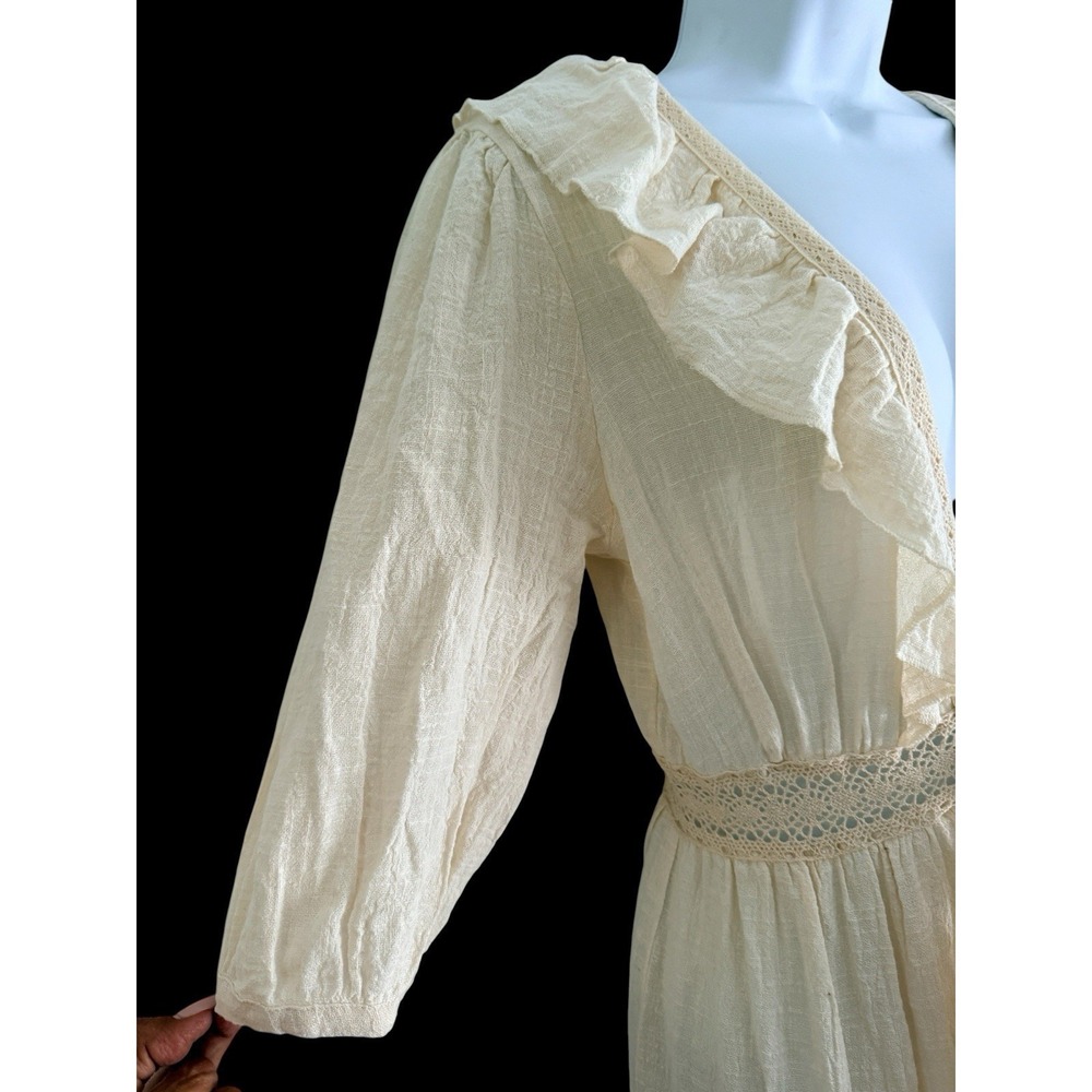 Anthropologie Maeve Gauze Duster M Tie Front Ecru  Ruffle Maxi Cottagecore - Picture 5 of 11